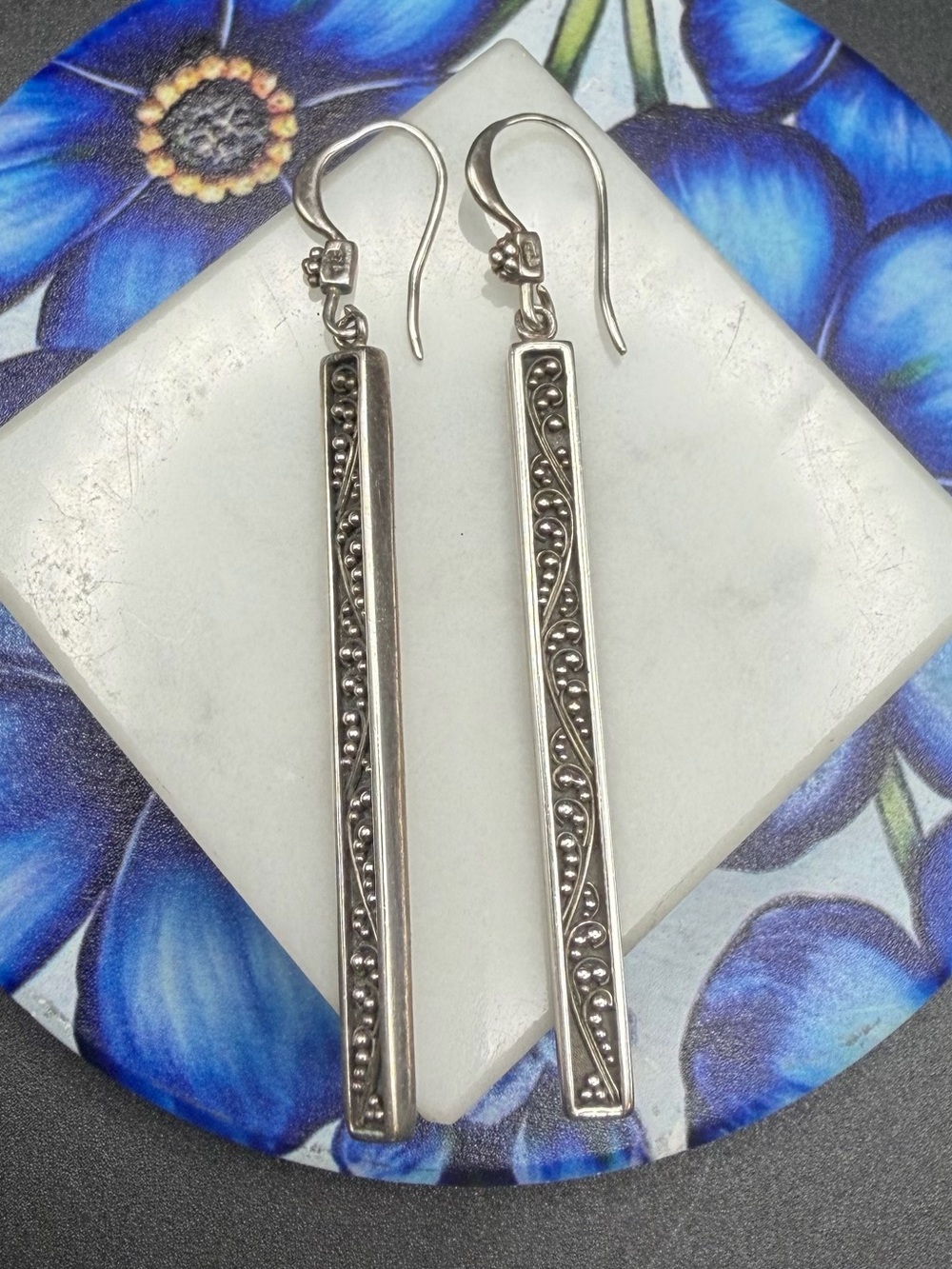 Lois Hill 925 Sterling Silver Long Bar Dangle Drop earrings #S33  2 1/2” Vintage